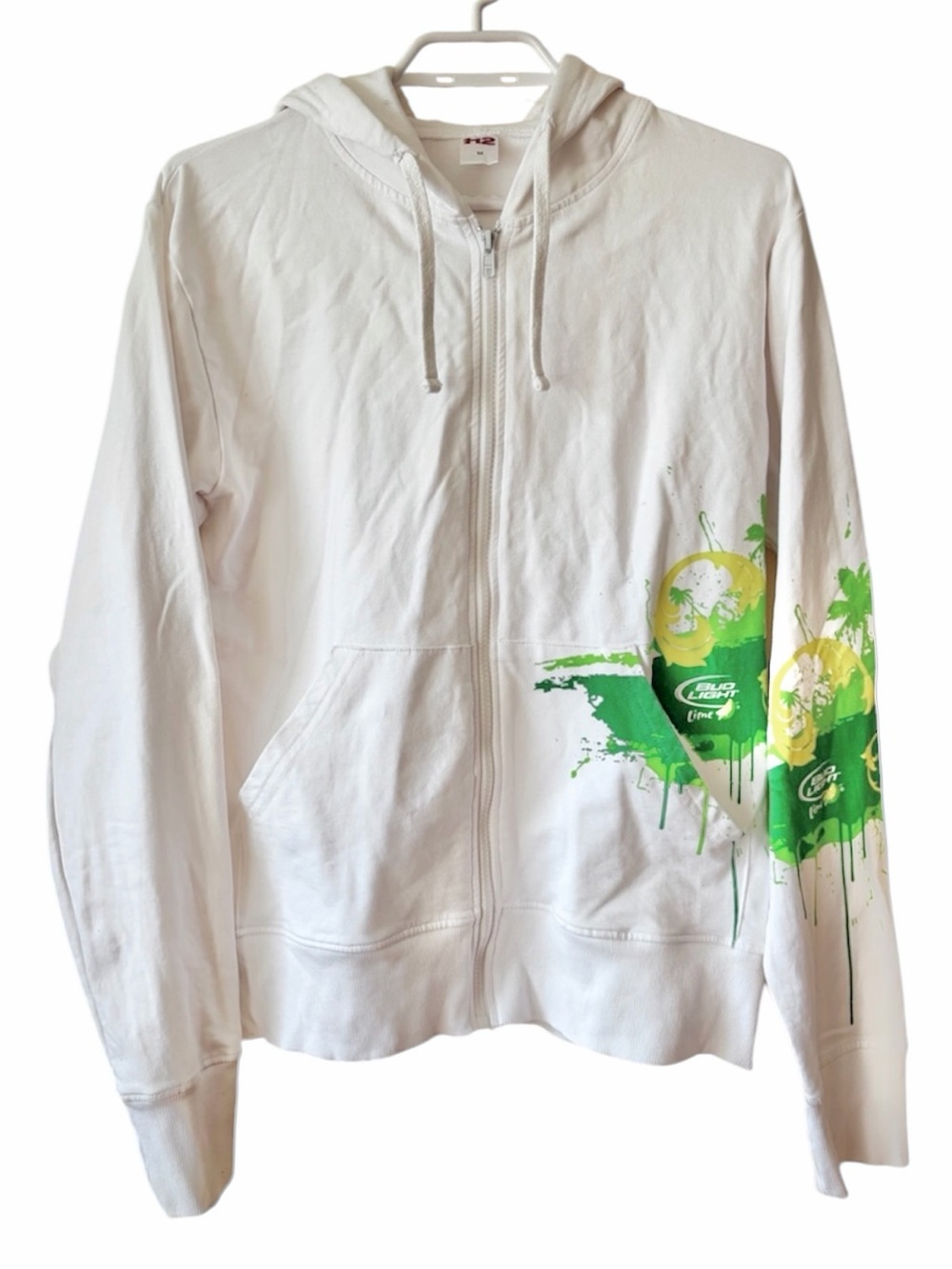 H2 Bud Light Lime Graphic Zip Up Hoodie White Y2K Beer Full Zip Jacket Casual
